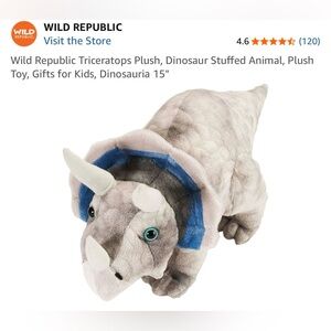 Wild Republic Soft Gray Triceratops Plush with Blue Accents